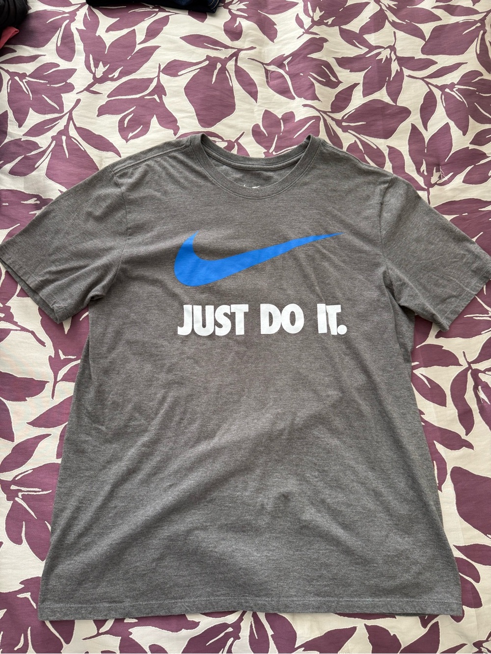 Nike Men’s Gray Short-Sleeve Tee with Blue Swoosh and White 'Just Do It.'